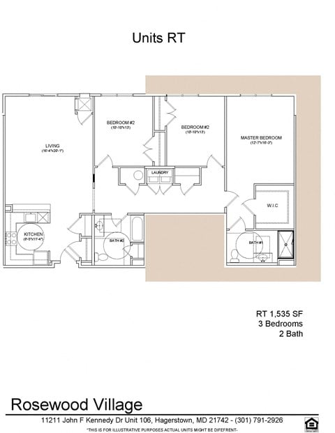 Floor plan for 3 beds, 2 baths, 1535 sqft